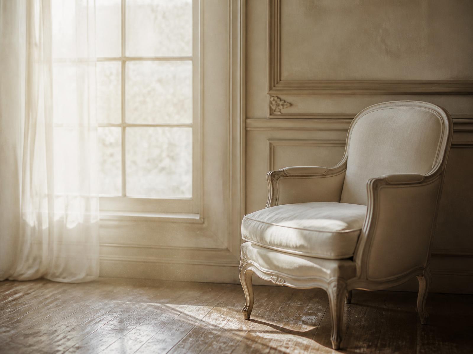 An empty armchair beside a tall sunlit window in a quiet ivory room
